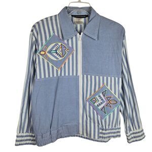 Vtg IB Diffusion Jacket L Striped Color Block Embroidered Fish Beaded Zip Blue